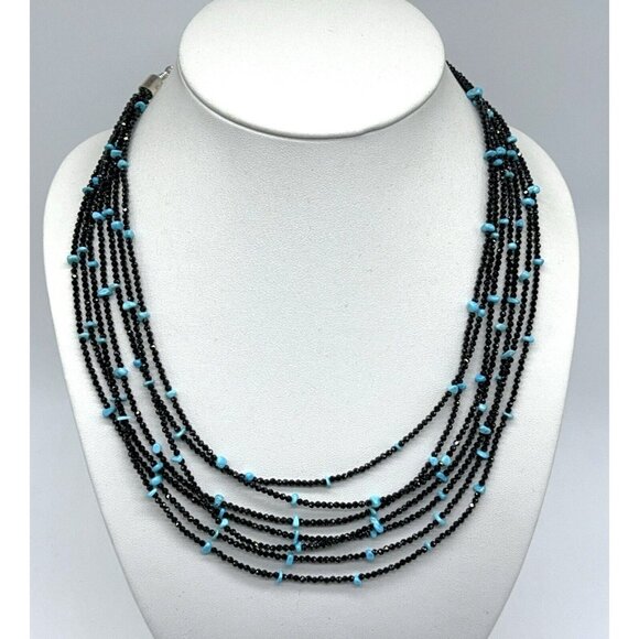 Jay King Necklace Black Spinel Turquoise & 7 Strand Layered Sterling Silver 18" - Picture 4 of 11